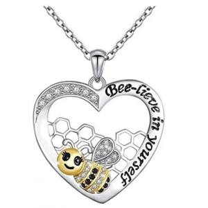 Silver Two Tone CZ Heart Bee Pendant Bee Live In Yourself Necklace Gift Box B4 - Picture 1 of 4