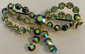 Vntg Signed Made In Austria Arora Borealis Faceted Crystal Blue Green Bow Brooch - Picture 1 of 12