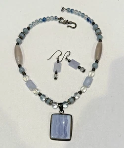 VINTAGE STERLING LAVENDER BLUE SILVER LACE AGATE NECKLACE & EARRINGS SET - Imagen 1 de 5