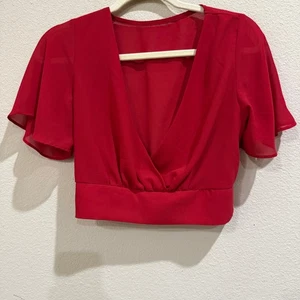 Shein Red Blouse XS Petite Surplice V Neck Short Sleeve Crop Top - Picture 1 of 5