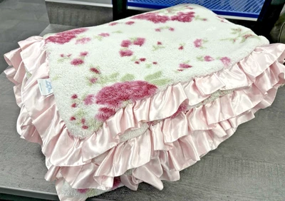 Simply Shabby Chic Floral 2 Ply Plush Blanket Twin 68"x92" Pink Satin Ruffle GUC - Image 1 of 4