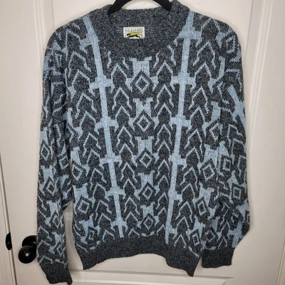 VINTAGE Le Tigre Sweater Mens Medium Blue Gray Crewneck Geometric Made USA 80s - Image 1 of 4