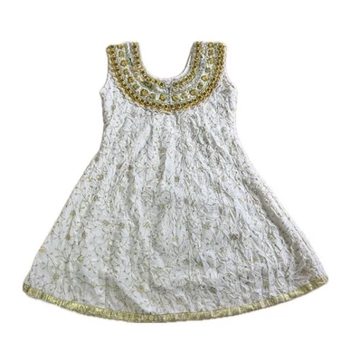 Kpong Girls Dress Size 26 (5/6) White Gold Embroidered Indian Boho Sleeveless - Image 1 of 4