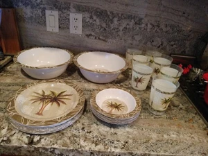 Set Of 23 MELAMINE DOUBLE PALM TREE 8 11” PLATES 6 8" Bowls 2 Serving 7 Glasses - Picture 1 of 7