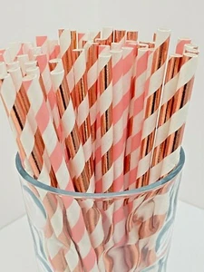 Pajitas biodegradables de oro rosa y papel rosa claro 25/50/100/200 piezas fiesta - Imagen 1 de 2