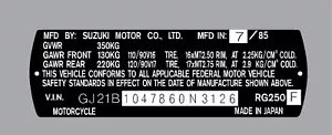 ETIQUETA DE TUBO DE CABEZA SUZUKI RG250 / CALCOMANÍA DE REPRODUCCIÓN - Imagen 1 de 1