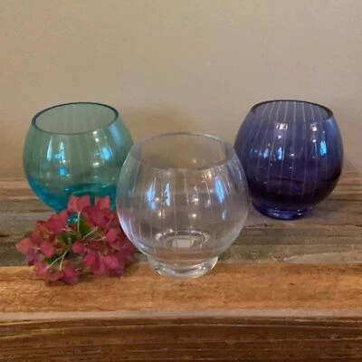 PartyLite “Santorini” Tealight Trio Candle Holders Clear Turquoise Navy Blue - Imagem 1 de 4