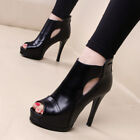 Women Peep Toe Sandals Black Faux Leather Platform Stiletto High Heels Zip Shoes