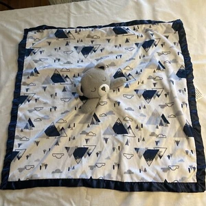 Just Born gray Teddy Bear Lovey Navy & White Security Blanket 24" x 24" satin - Picture 1 of 6