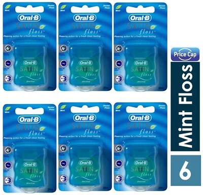 ORAL-B 6 x Oral B Satin Floss 25m/27yd | Mint Zahnseide Comfort Grip | Gesundes Zahnfleisch