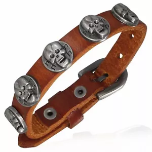 Bracciale Motard In Vera Pelle Marrone Chiaro Con Fibbia - Foto 1 di 1