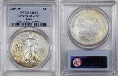 2008 W REVERSE of 2007 Burnished Silver Eagle PCGS MS69 Blue Label Rev 07 TONED - Image 1 of 3