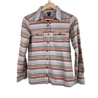 Camisa Patagonia Para Mujer 2 Gris Marrón Naranja Rayas Algodón Orgánico Abotonada Foto 1 de 4