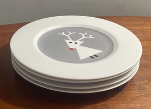 Se of 4 Crate & Barrel Holiday Reindeer Snow Deer Plates 8.25”  White Gray - Picture 1 of 11