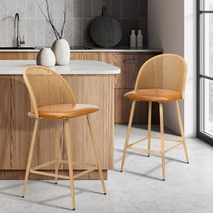 Oikiture Bar Stools Kitchen Counter Stool Rattan Dining Chair PU Brown x2 - Picture 1 of 10
