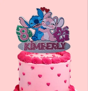 Stitch & Angel Custom Cake Topper Name & Age glitter mirror card, Birthday - Picture 1 of 8