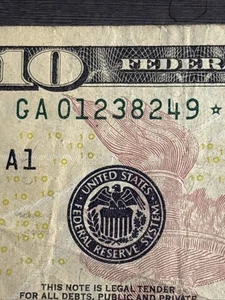 2004 A Ten Dollar $10 Low Serial STAR NOTE VF+ Mini Ladder SN GA 0123 8249* VF+ - Picture 1 of 11