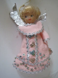 Bead Sequin Felt Ornament Pink Angel W/ Foil Wings Vintage 4.5" - Picture 1 of 4