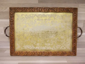Tablett geschnitzt Eichen Holz Brett mit Glaseinsatz und Messing Griffe Art Déco - Bild 1 von 7