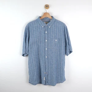 Weatherproof Vintage Mens Large Blue Washable Linen Collared Short Sleeve Shirt - Picture 1 of 9
