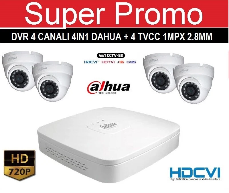 KIT VIDEOSORVEGLIANZA DVR 4 CANALI TELECAMERE DAHUA 2 MPX 2.8 MM HD - Immagine 1 di 1