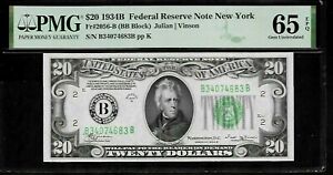 US $ 20 1934 PMG 65 EPQ Fr #2056-B S/N B34074683B pp K Federal Reserve 