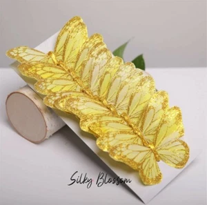 12 yellow/Gold 5" glittered feather butterflies floral arrangements, cake topper - Picture 1 of 2