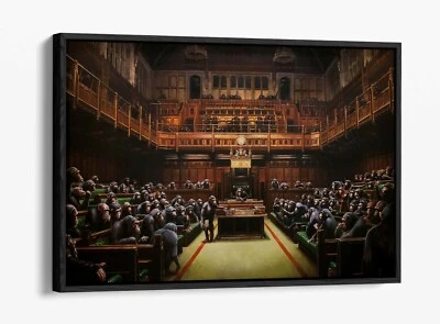 BANKSY, MONKEY PARLIAMENT BROWN SEPIA TONES -FLOAT EFFECT CANVAS WALL ART PRINT - Image 1 of 4
