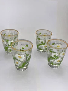 4 Libby White Daisy Juice Glasses glass w/ yellow rim - Picture 1 of 6