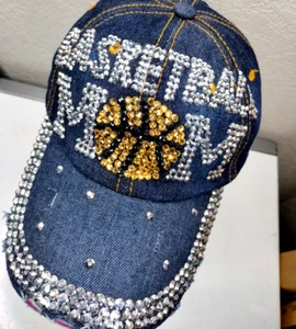 Basketball Mom Blingy Fashion Cap Blue Jean 100% Cotton Denim Sequins Adjustable - Picture 1 of 9