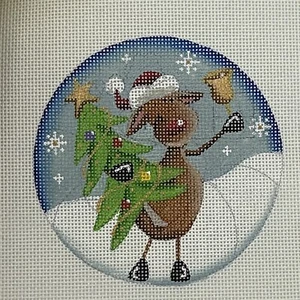 REBECCA WOOD needlepoint canvas - Ringing Bell Reindeer hand-painted 18 mesh 4" - Picture 1 of 6