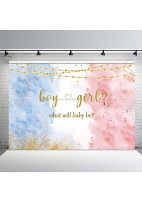 Suministros de fiesta de revelación de género fondo de revelación de género para niño o niña telón de fondo azul Foto 1 de 3