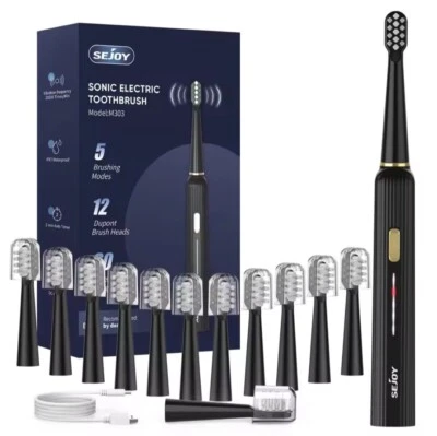 SEJOY Sonic Electric Toothbrush Rechargeable With 12 Brushes 5 Modes USB Charge