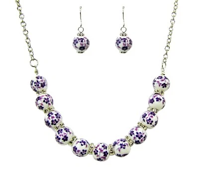 Purple Flowers Genuine Porcelain Beaded Necklace Earrings set with crystals  New - Image 1 of 4