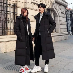 Men Women Long Puffer Coat Quilted Hooded Zip Jacket Parka Overcoat Slim Fit - Picture 1 of 18