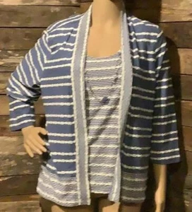 ALFRED DUNNER Blue Striped Sz Small Soft Stretchy Layer Look Mock Necklace Shirt - Picture 1 of 4