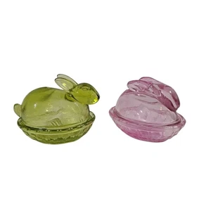 Pink & Green Glass Bunnies Sitting On Basket Lidded Glass Candy Dishes - Picture 1 of 9