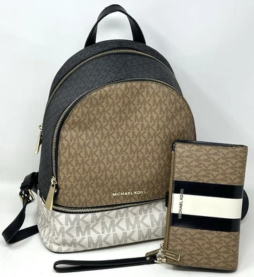 MK Michael Kors Rhea MD Signature Zip Brown Backpack Bag Purse and Wallet - Image 1 of 4