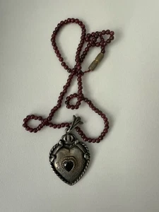 Modeschmuck Antik Halskette Granat Herz Anhänger Trachten Antik - Bild 1 von 10