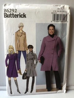 Butterick 6292 Sewing Pattern Misses Lined Coat W/ Asymmetrical Closing Sz16-24  - Image 1 of 2