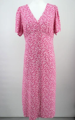 Old Navy Dress Women Size Large Midi Pink Floral Smocked Button Short Sleeve New - Image 1 of 4
