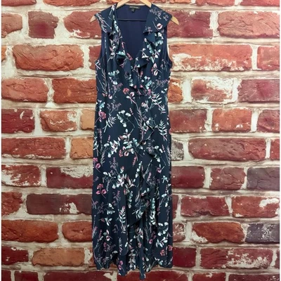 Banana Republic Dress Womens 14 Navy Blue Multicolor Floral Ruffle High Low - Image 1 of 4