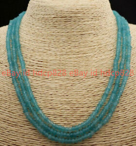 Faceted 2x4mm 3 Rows Genuine Natural Light Blue Aquamarine Beads Necklace18-20”
