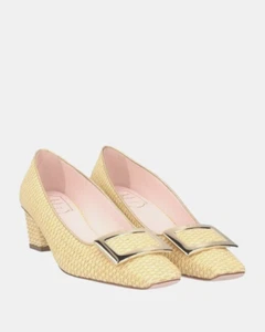 Neu schöne Designer Roger Vivier beige Rafia Leder Pumps Schuhe 37-1/2 ITALIEN - Bild 1 von 2