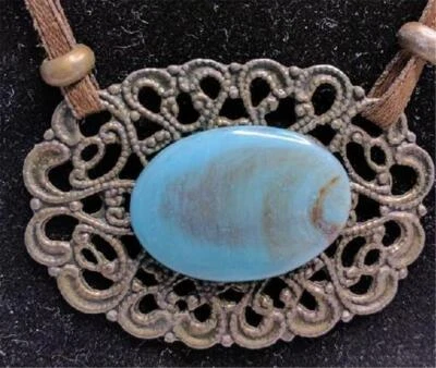 Collar Boho 17" en Cinta de Satén Marrón Montaje de Relligrana para Turquesa? ¿Vidrio? Foto 1 de 4