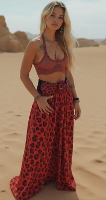 Mujeres Moda Elástico Rojo Negro Cinturón Ancho Estampado Animal Safari Leopardo Talla M L Foto 1 de 4
