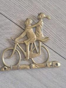 Vintage Solid Brass KEY HOLDER 5 Hooks Antique Boy And Girl On Bike - Picture 1 of 13