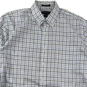 Lands End Mens Oxford Shirt 16 34 Supima Cotton Blue Brown Plaid Tailored Fit - Picture 1 of 13