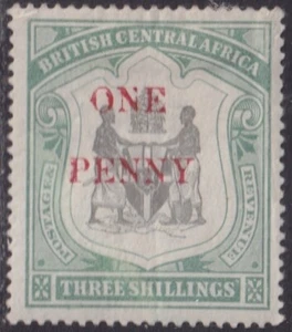 BRITISH CENTRAL AFRICA Sc # 57 VLH RECARGO DE UN CENTAVO en 3 SH - ABRIGOS de brazos - Imagen 1 de 1