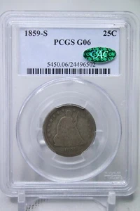 1859-S Seated Liberty Quarter 25C PCGS G6 CAC #6502 - Picture 1 of 4